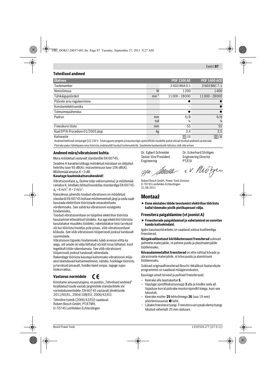 Montaaž | Bosch POF 1200 AE User Manual | Page 87 / 106