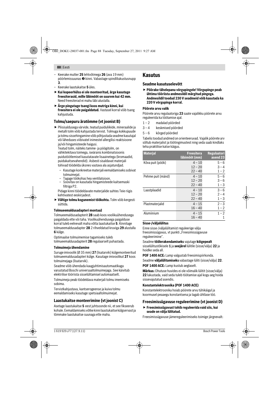 Kasutus | Bosch POF 1200 AE User Manual | Page 88 / 106