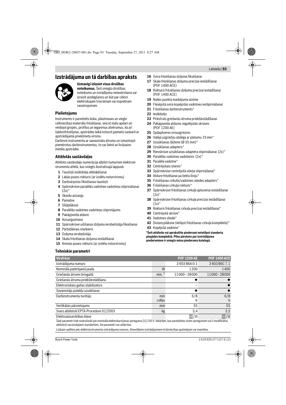 Izstrādājuma un tā darbības apraksts | Bosch POF 1200 AE User Manual | Page 93 / 106