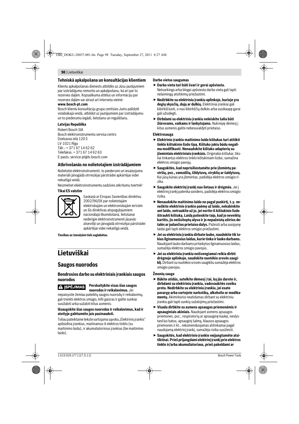 Lietuviškai, Saugos nuorodos | Bosch POF 1200 AE User Manual | Page 98 / 106