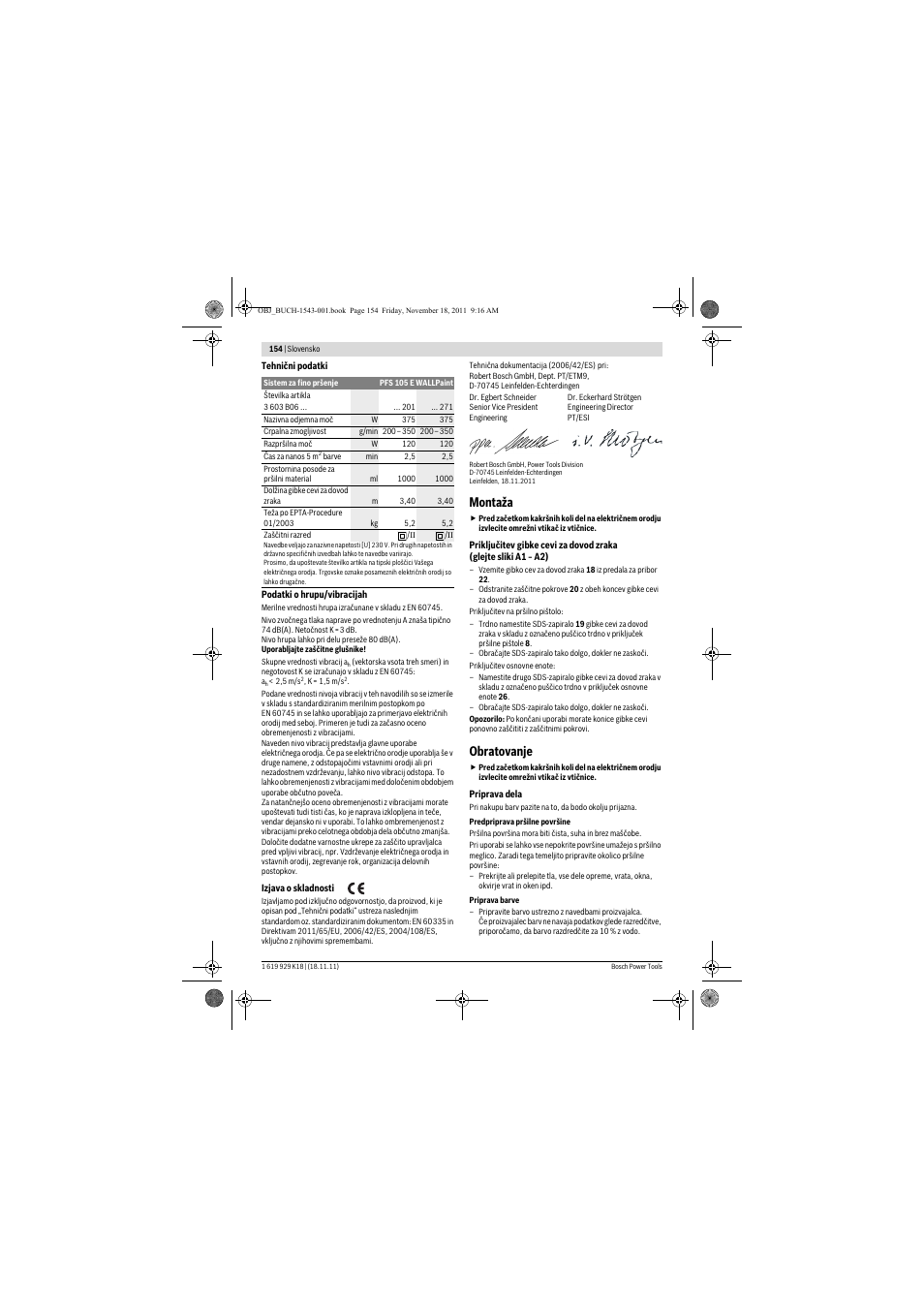 Montaža, Obratovanje | Bosch PFS 105 E WALLPaint User Manual | Page 154 / 185