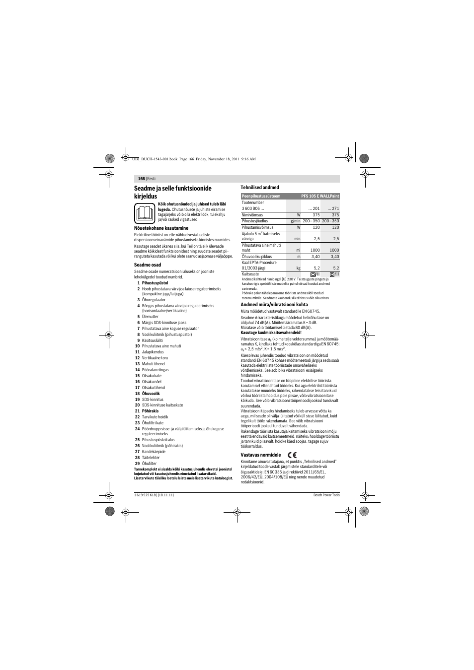 Seadme ja selle funktsioonide kirjeldus | Bosch PFS 105 E WALLPaint User Manual | Page 166 / 185