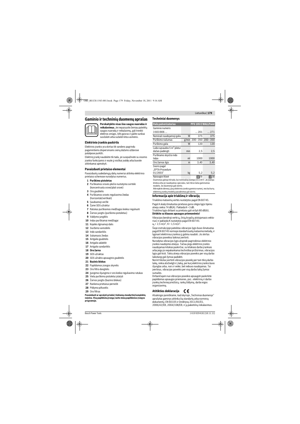 Gaminio ir techninių duomenų aprašas | Bosch PFS 105 E WALLPaint User Manual | Page 179 / 185