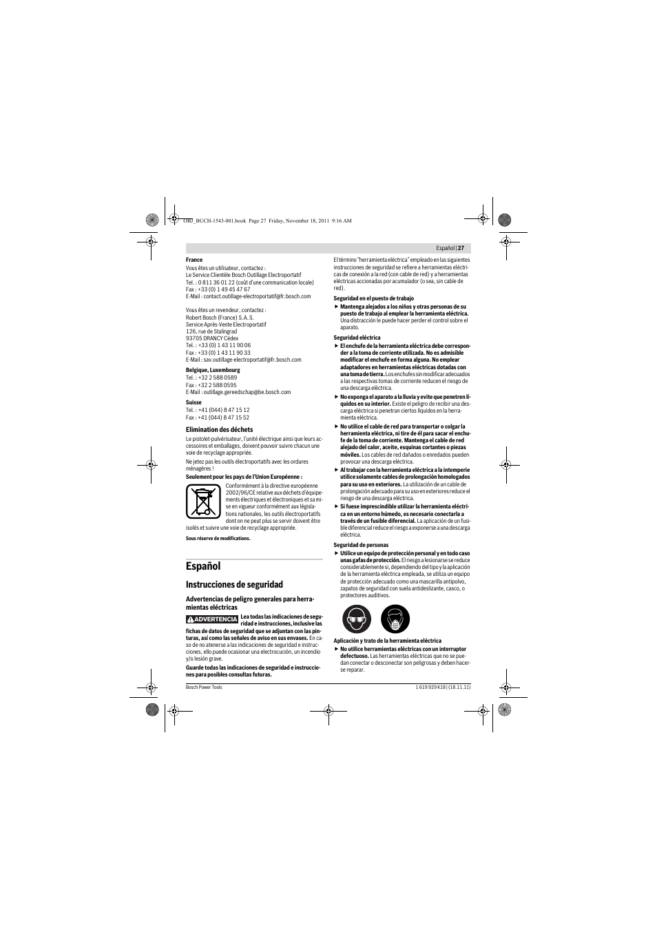 Español, Instrucciones de seguridad | Bosch PFS 105 E WALLPaint User Manual | Page 27 / 185