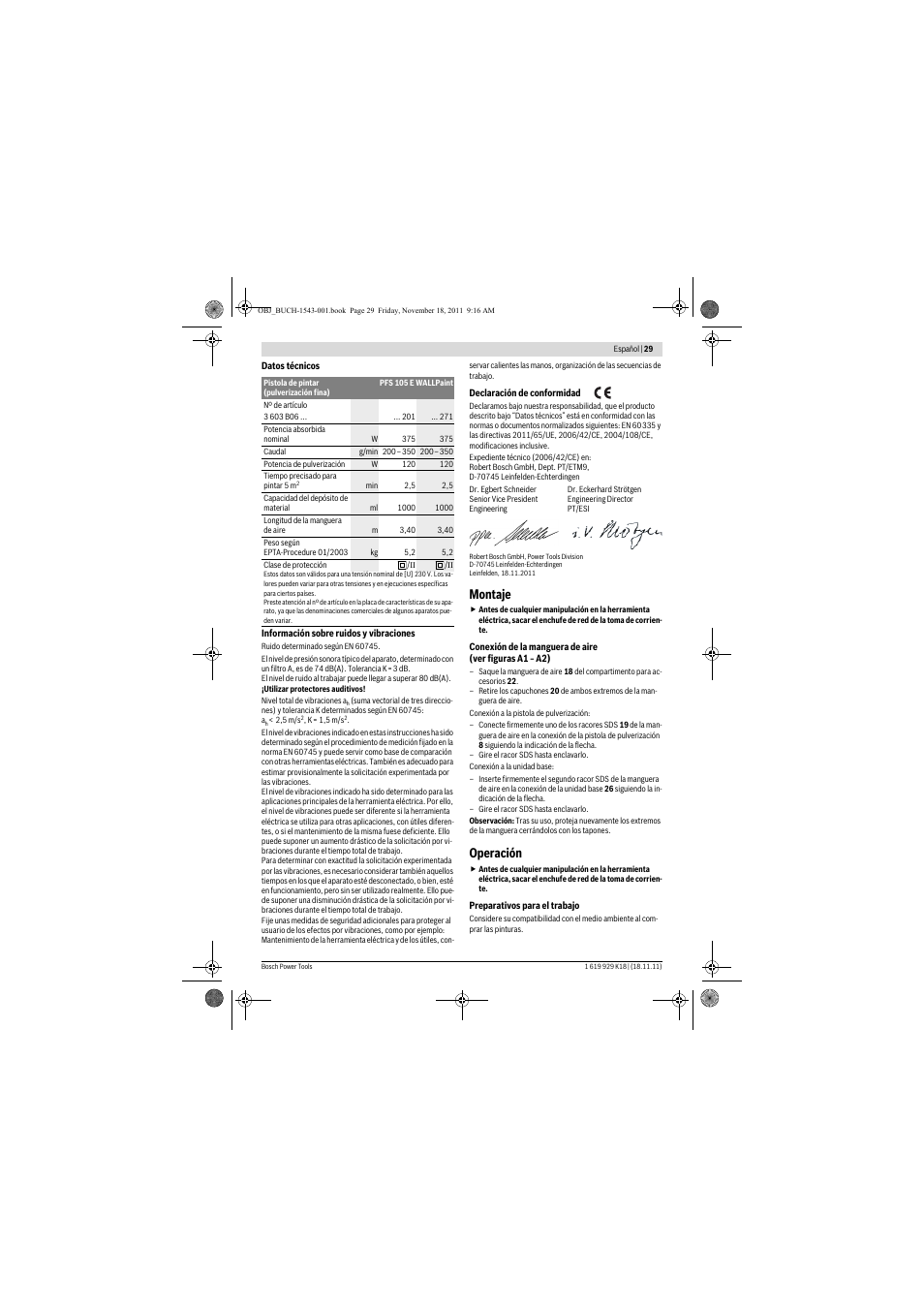 Montaje, Operación | Bosch PFS 105 E WALLPaint User Manual | Page 29 / 185