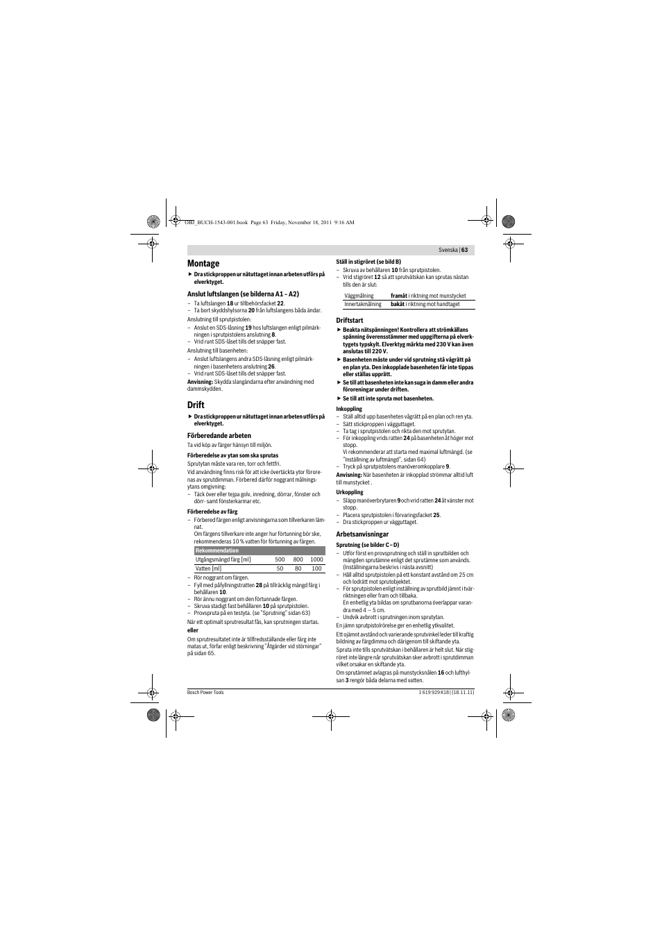 Montage, Drift | Bosch PFS 105 E WALLPaint User Manual | Page 63 / 185