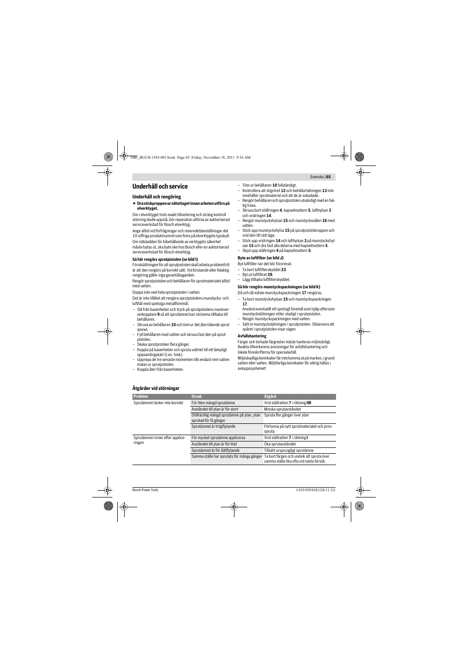 Underhåll och service | Bosch PFS 105 E WALLPaint User Manual | Page 65 / 185