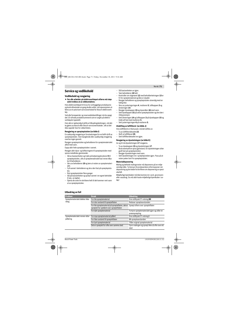 Service og vedlikehold | Bosch PFS 105 E WALLPaint User Manual | Page 71 / 185