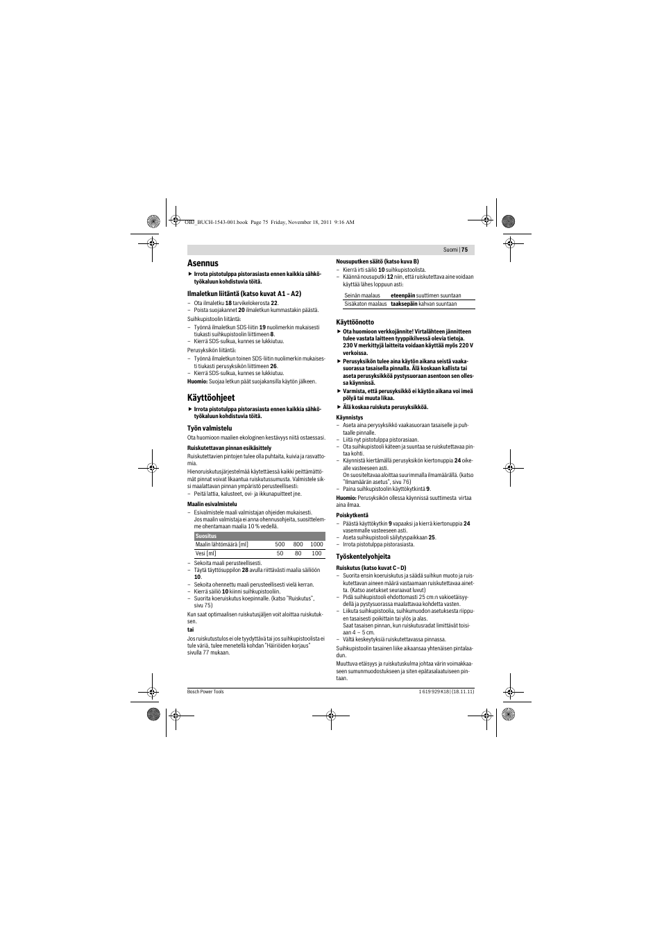 Asennus, Käyttöohjeet | Bosch PFS 105 E WALLPaint User Manual | Page 75 / 185