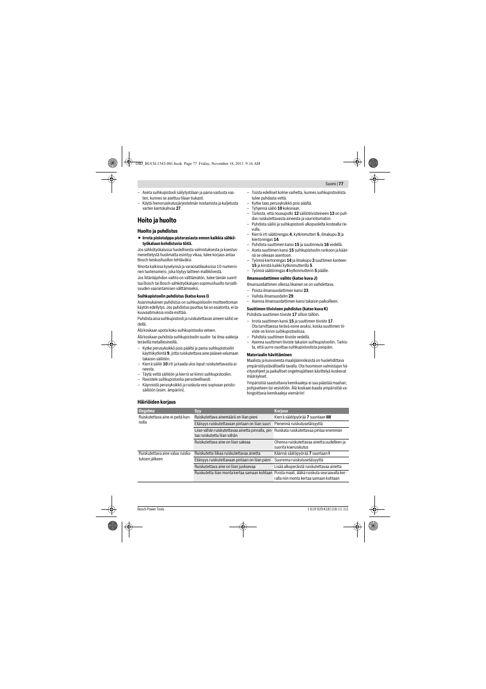 Hoito ja huolto | Bosch PFS 105 E WALLPaint User Manual | Page 77 / 185