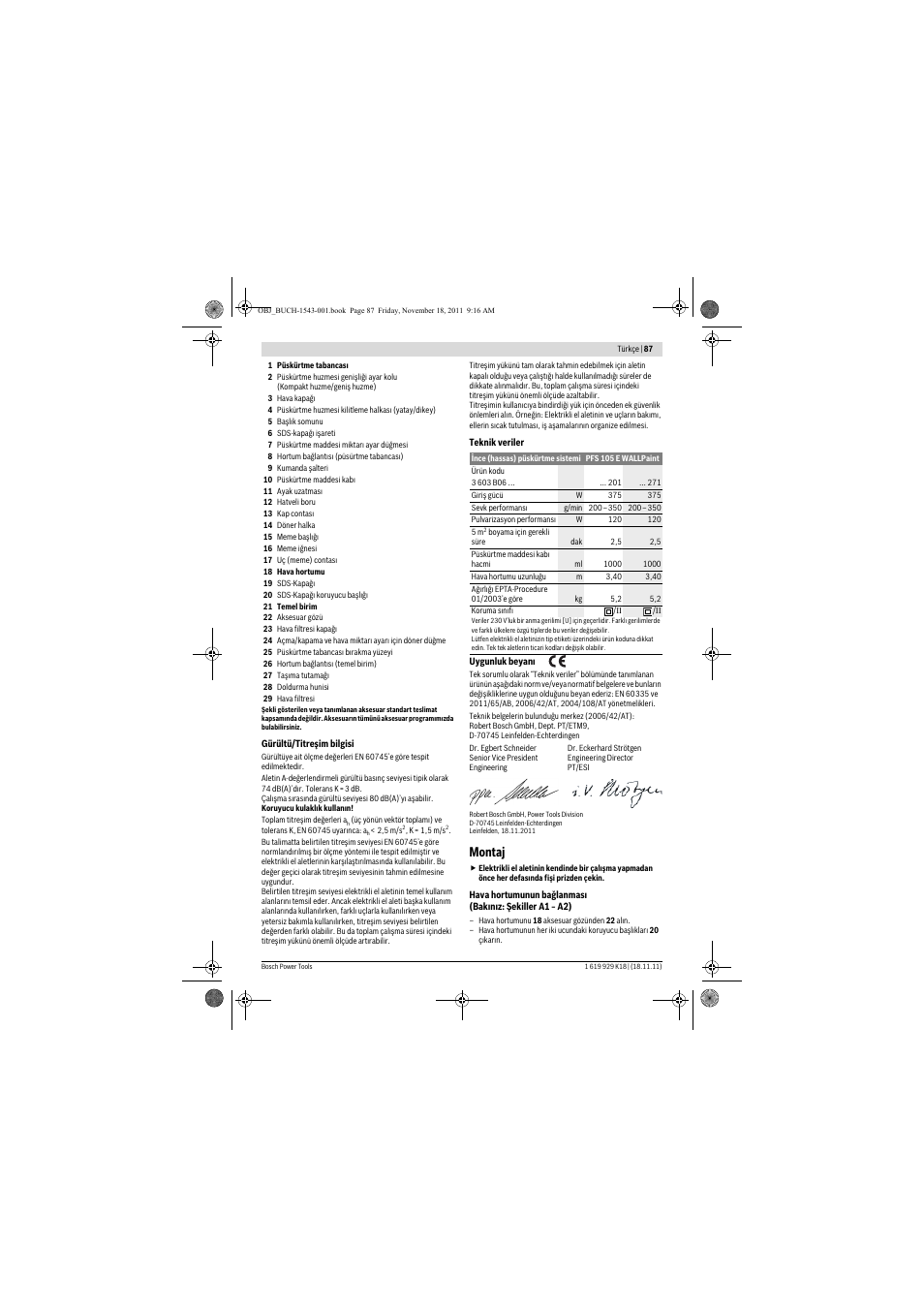 Montaj | Bosch PFS 105 E WALLPaint User Manual | Page 87 / 185