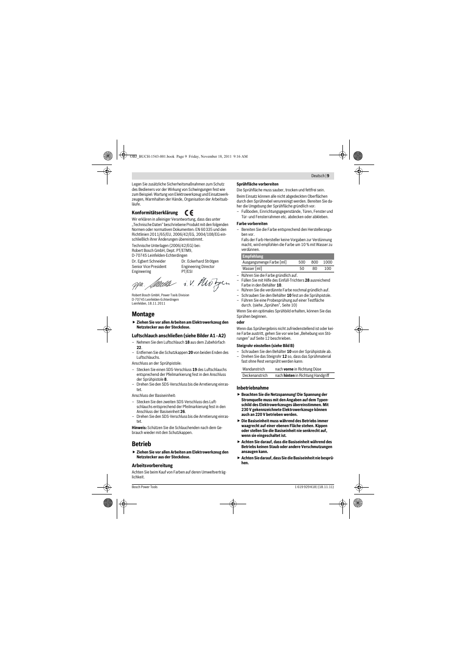 Montage, Betrieb | Bosch PFS 105 E WALLPaint User Manual | Page 9 / 185