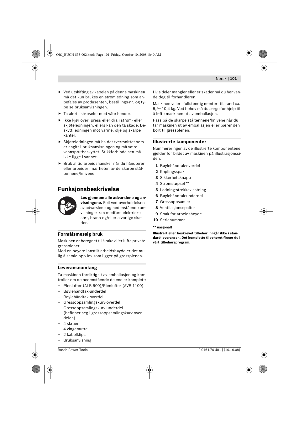 Funksjonsbeskrivelse | Bosch ALR 900 User Manual | Page 101 / 282