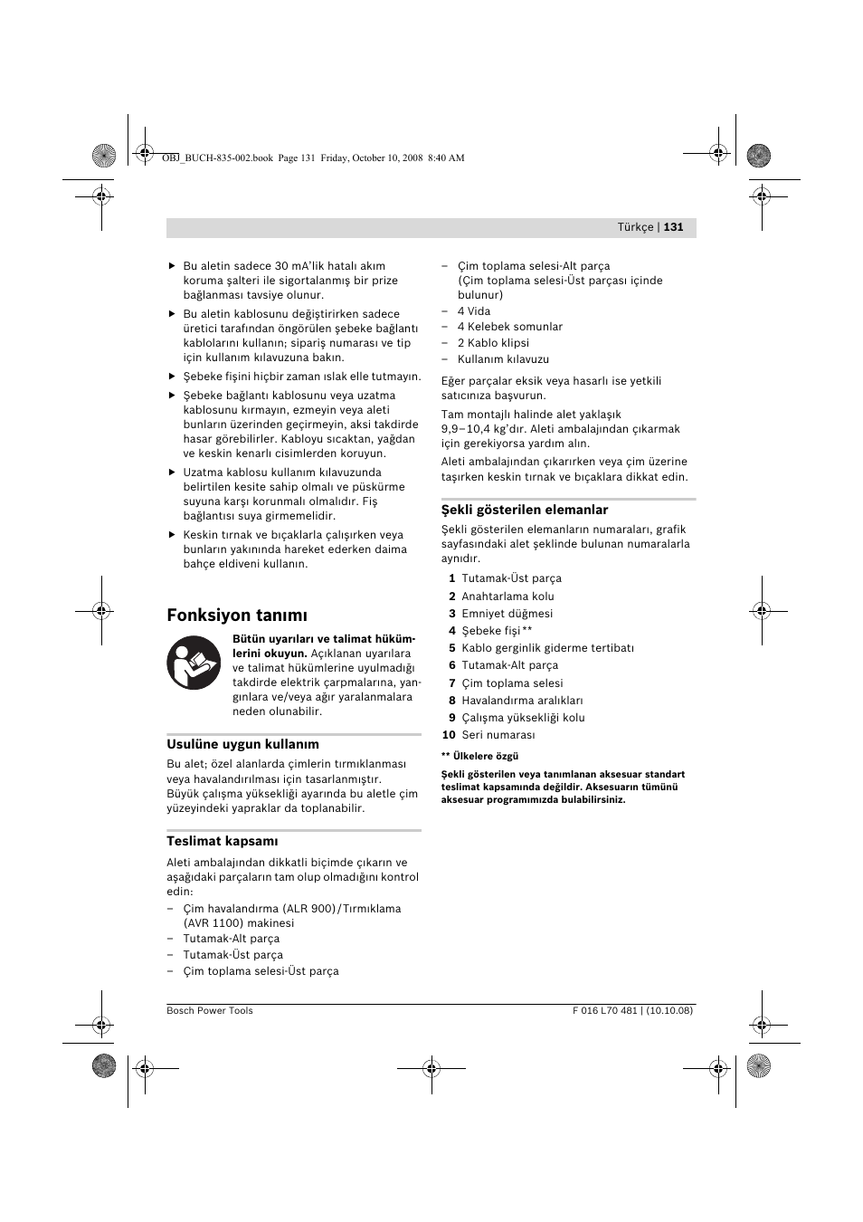 Fonksiyon tan m | Bosch ALR 900 User Manual | Page 131 / 282