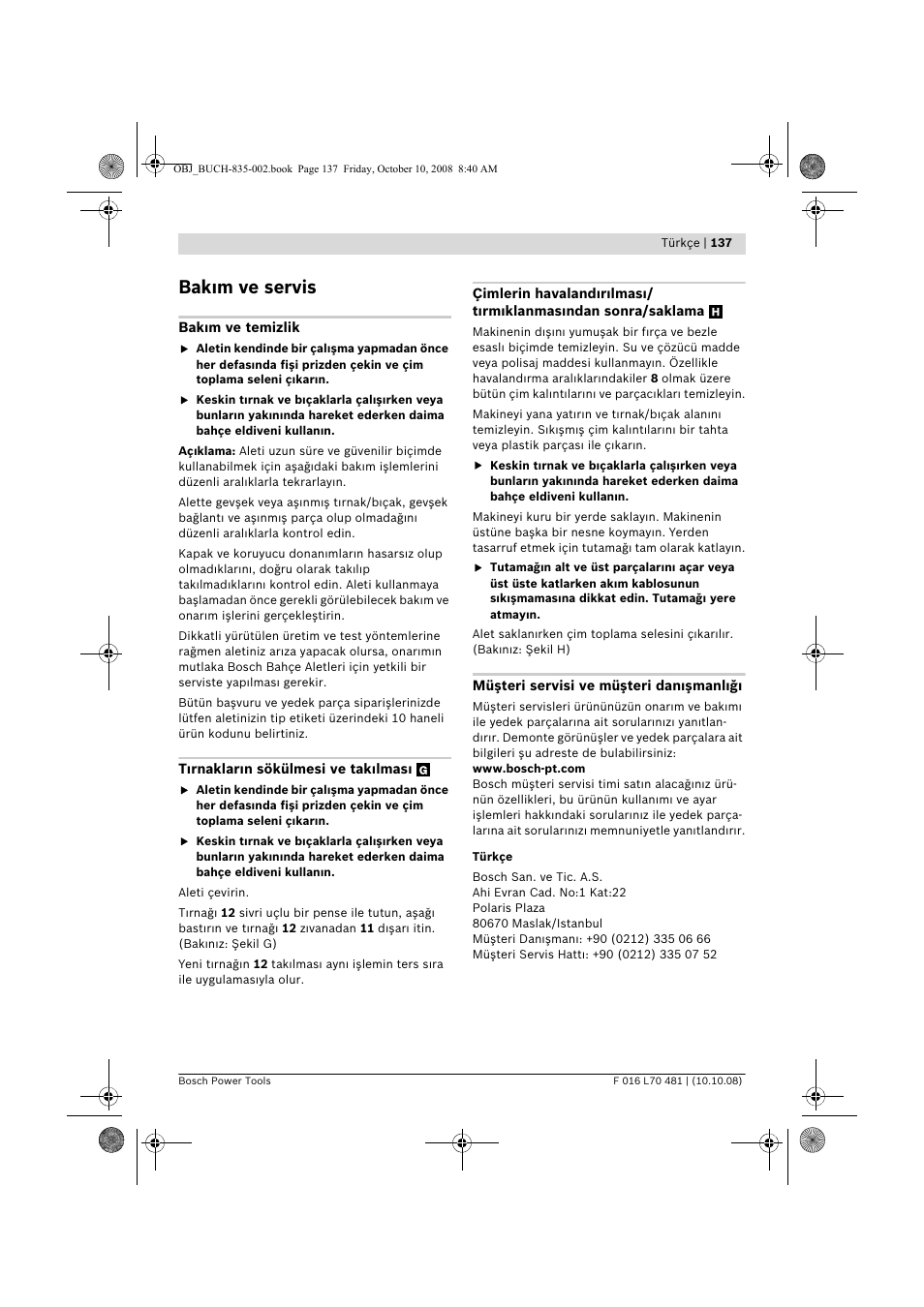 Bak m ve servis | Bosch ALR 900 User Manual | Page 137 / 282