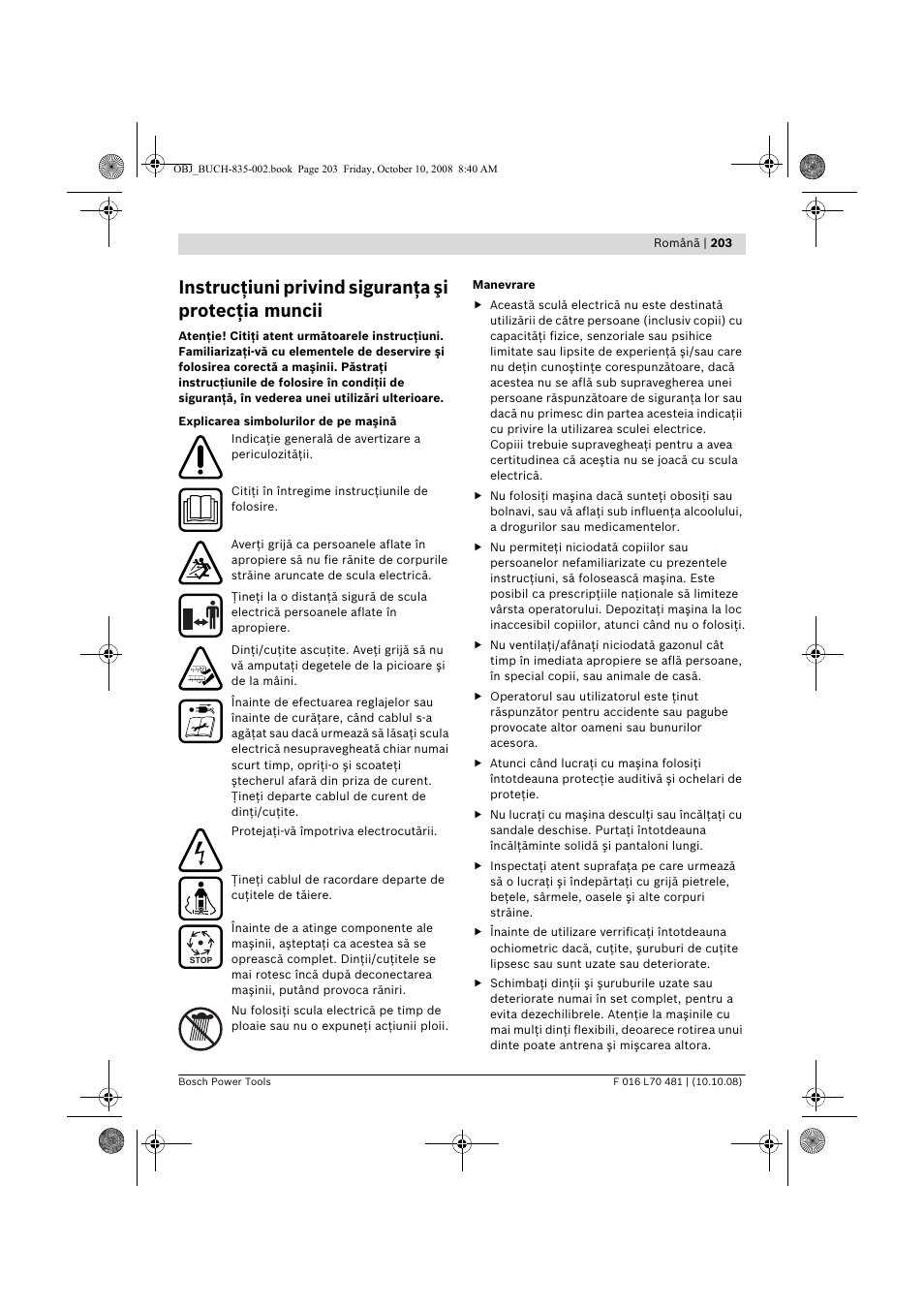 Instrucţiuni privind siguranţa şi protecţia muncii | Bosch ALR 900 User Manual | Page 203 / 282