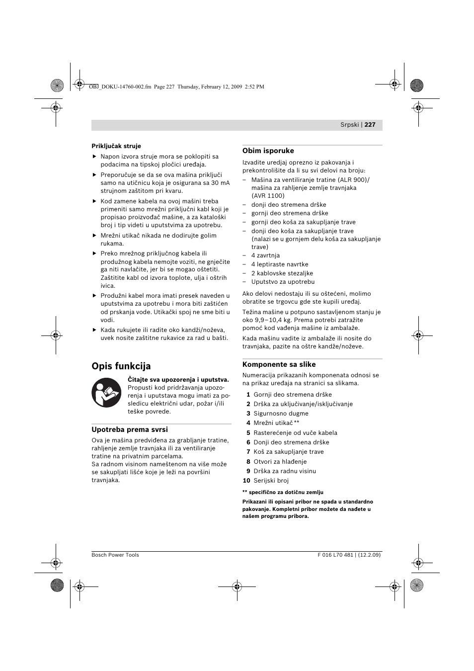 Opis funkcija | Bosch ALR 900 User Manual | Page 227 / 282