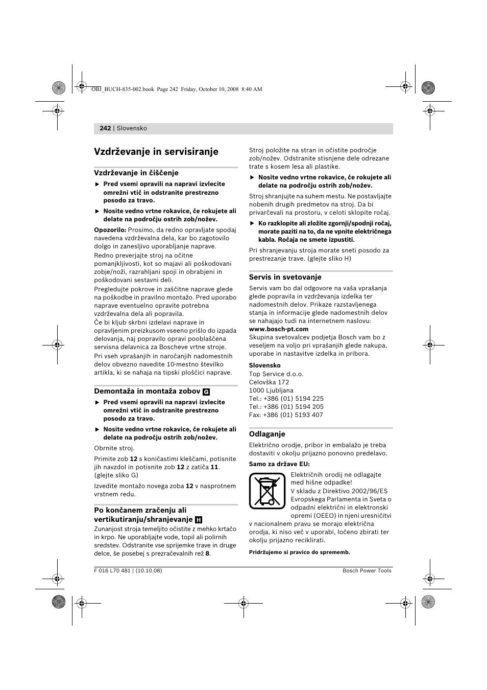 Vzdrževanje in servisiranje | Bosch ALR 900 User Manual | Page 242 / 282