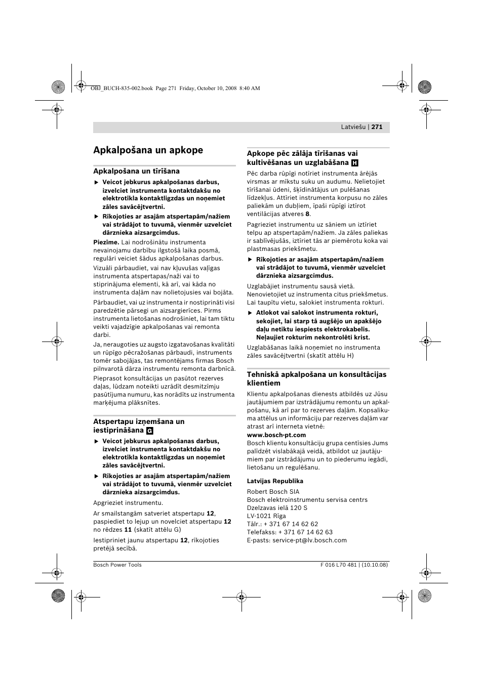 Apkalpošana un apkope | Bosch ALR 900 User Manual | Page 271 / 282