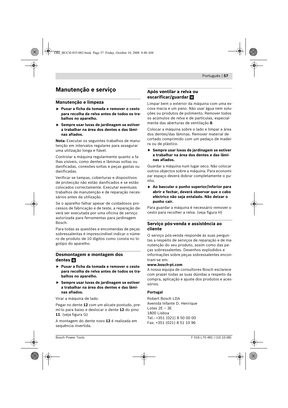 Manutenção e serviço | Bosch ALR 900 User Manual | Page 57 / 282