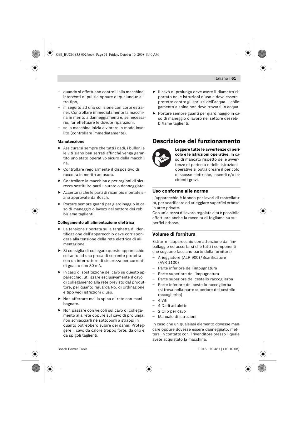 Descrizione del funzionamento | Bosch ALR 900 User Manual | Page 61 / 282