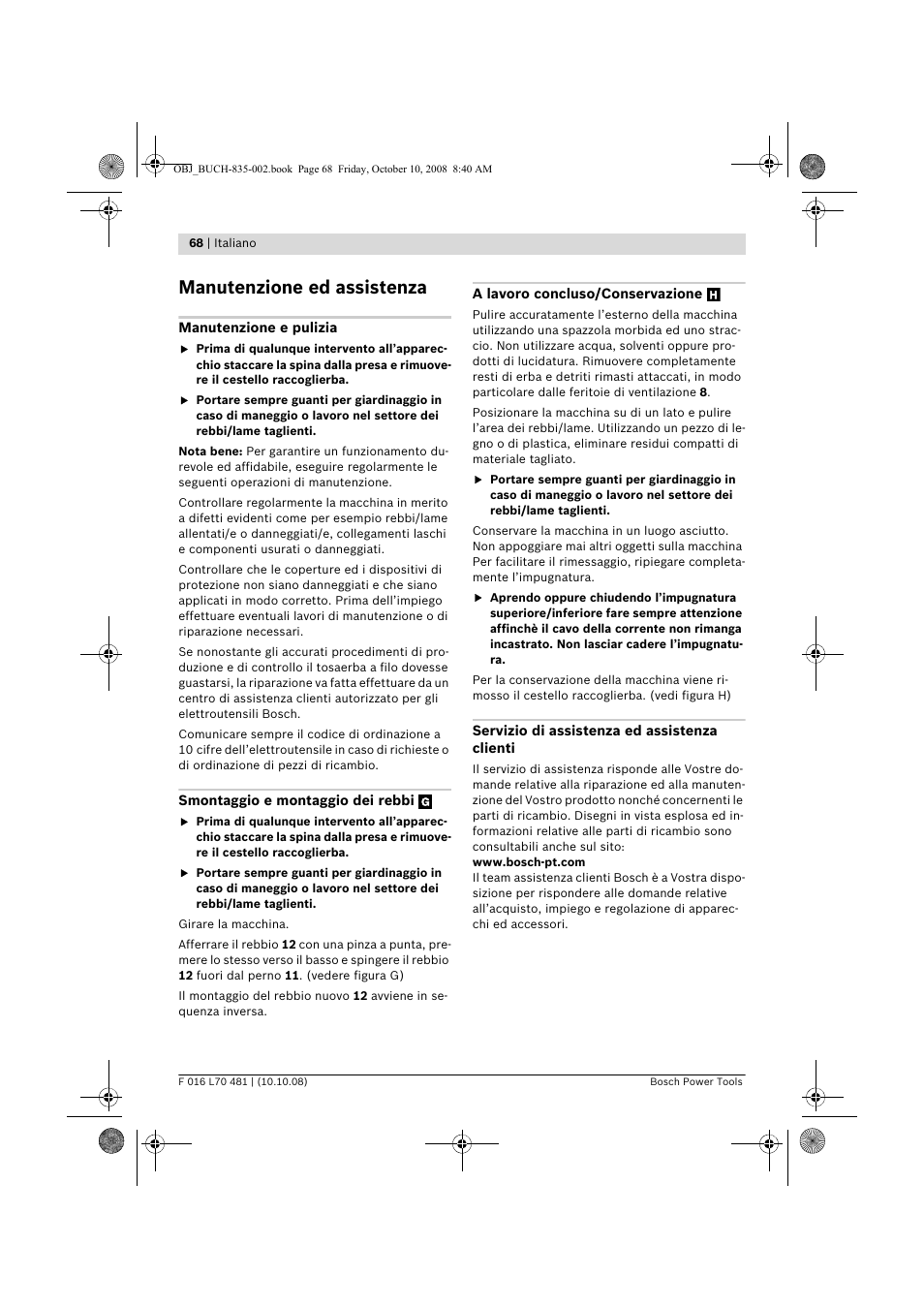 Manutenzione ed assistenza | Bosch ALR 900 User Manual | Page 68 / 282