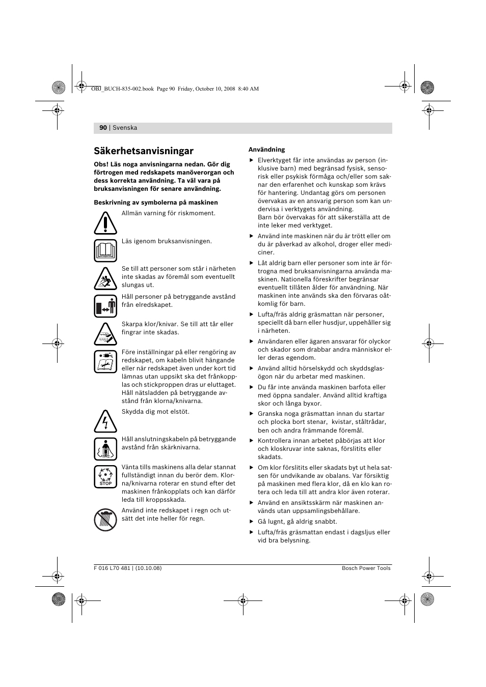 Säkerhetsanvisningar | Bosch ALR 900 User Manual | Page 90 / 282