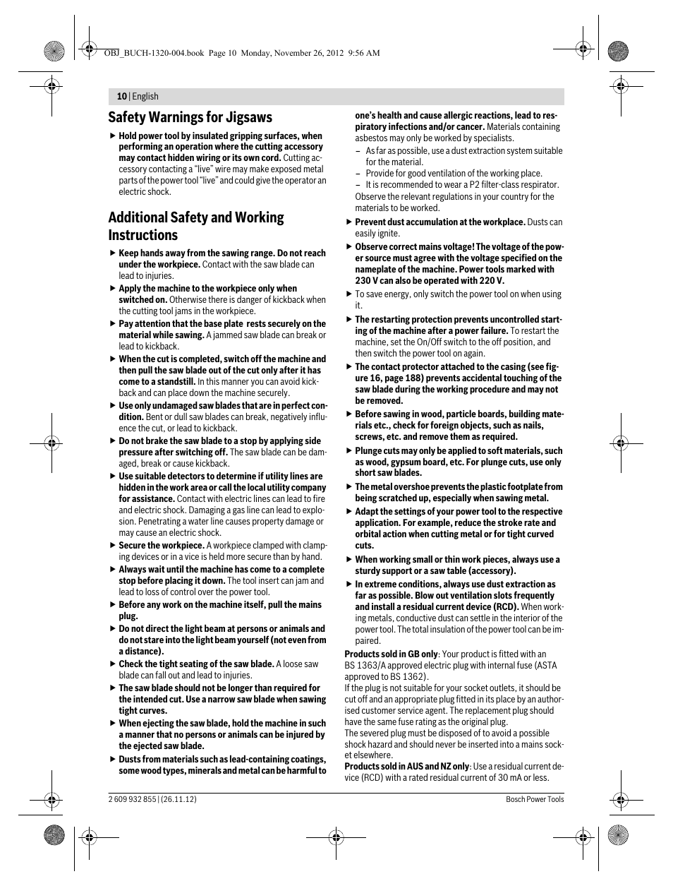 Safety warnings for jigsaws, Additional safety and working instructions | Bosch GST Professional 140 CE User Manual | Page 10 / 191