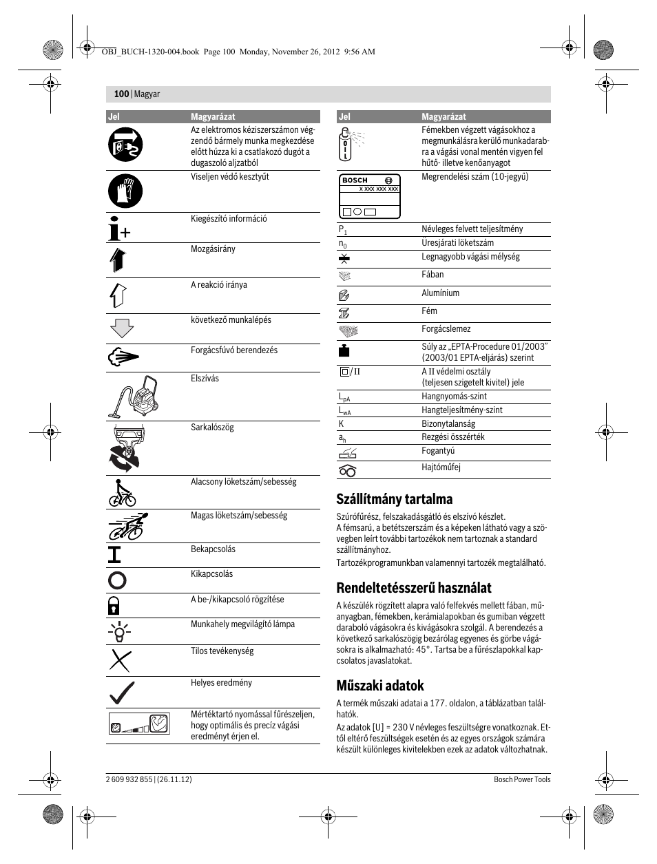 Szállítmány tartalma, Rendeltetésszerű használat, Műszaki adatok | Bosch GST Professional 140 CE User Manual | Page 100 / 191