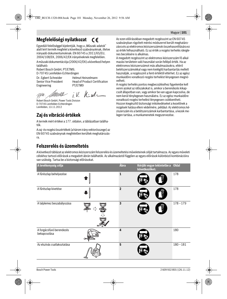 Megfelelőségi nyilatkozat, Zaj és vibráció értékek, Felszerelés és üzemeltetés | Bosch GST Professional 140 CE User Manual | Page 101 / 191