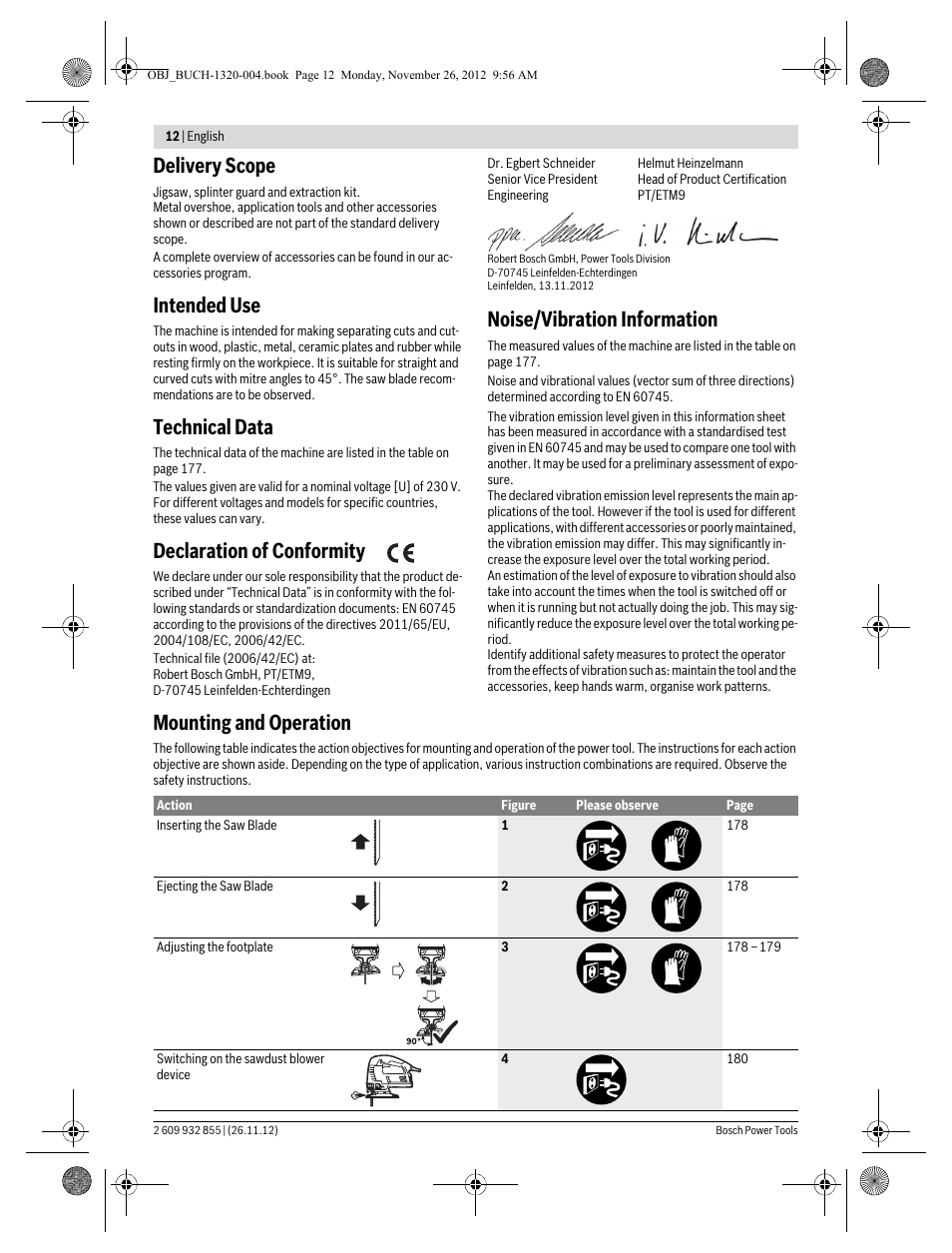 Delivery scope, Intended use, Technical data | Declaration of conformity, Noise/vibration information, Mounting and operation | Bosch GST Professional 140 CE User Manual | Page 12 / 191