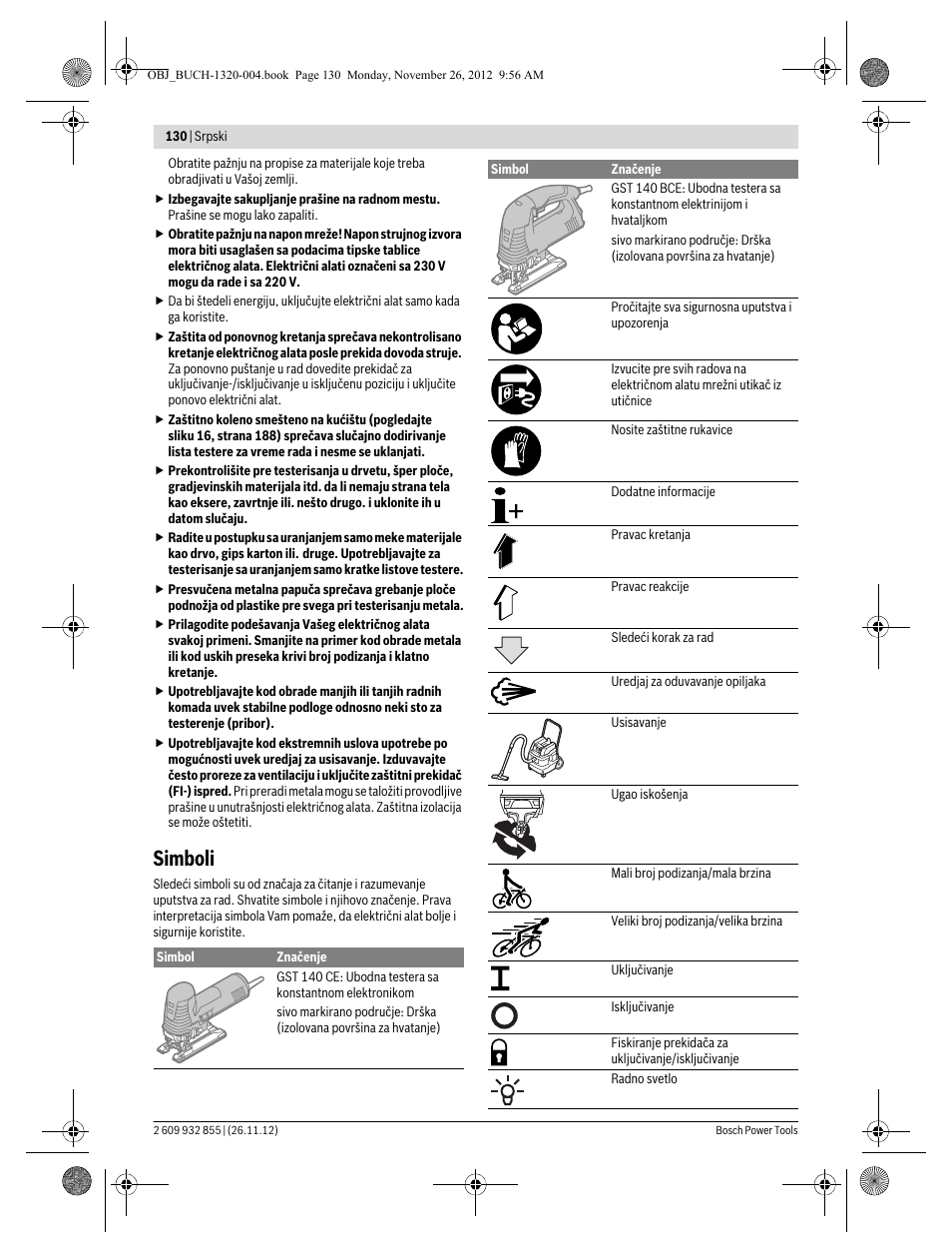 Simboli | Bosch GST Professional 140 CE User Manual | Page 130 / 191