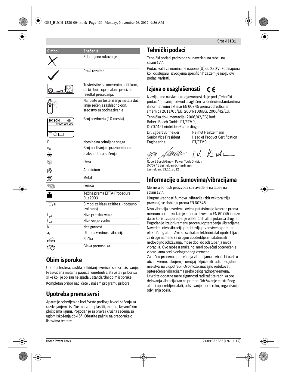 Obim isporuke, Upotreba prema svrsi, Tehnički podaci | Izjava o usaglašenosti, Informacije o šumovima/vibracijama | Bosch GST Professional 140 CE User Manual | Page 131 / 191