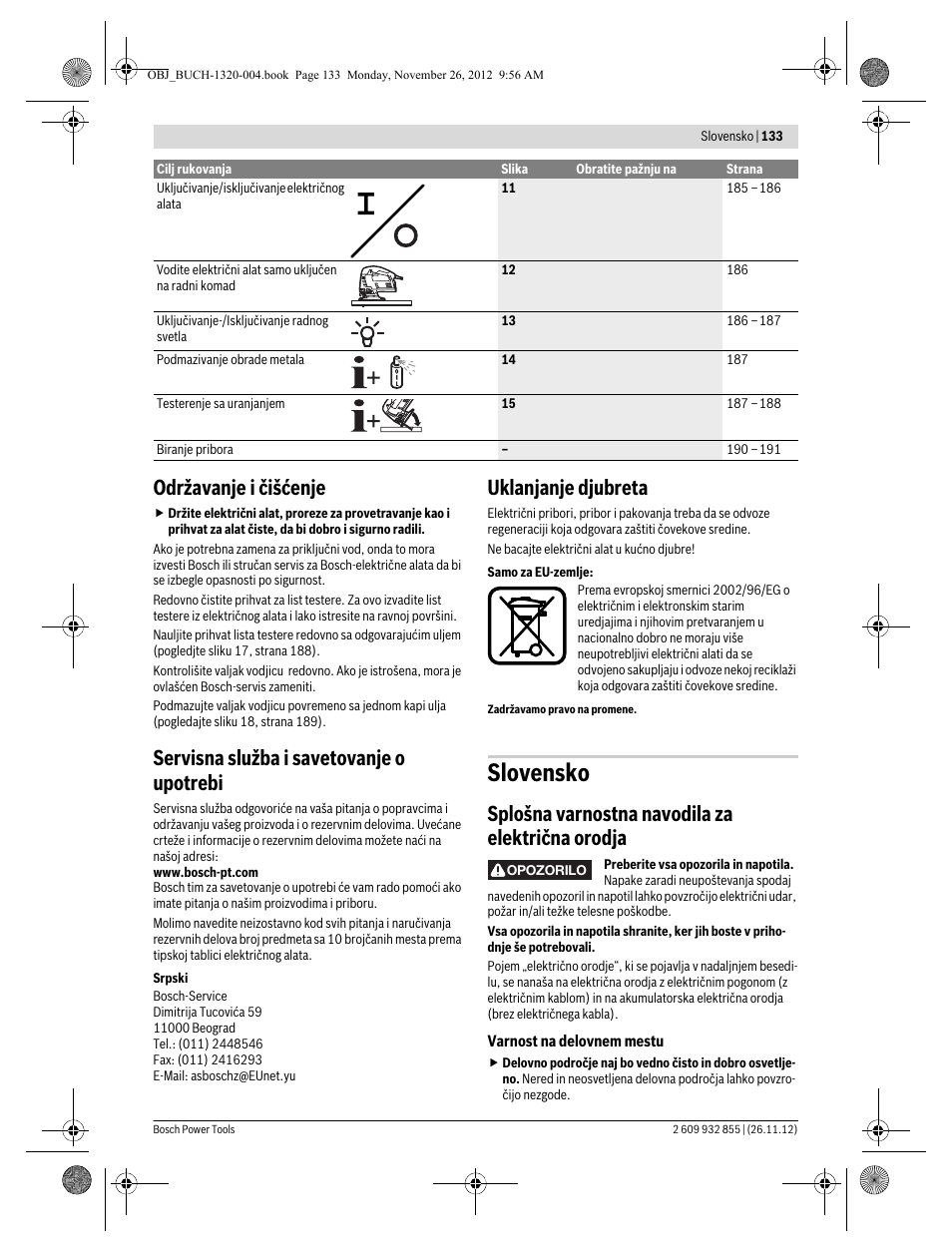 Slovensko, Održavanje i čišćenje, Servisna služba i savetovanje o upotrebi | Uklanjanje djubreta, Splošna varnostna navodila za električna orodja | Bosch GST Professional 140 CE User Manual | Page 133 / 191