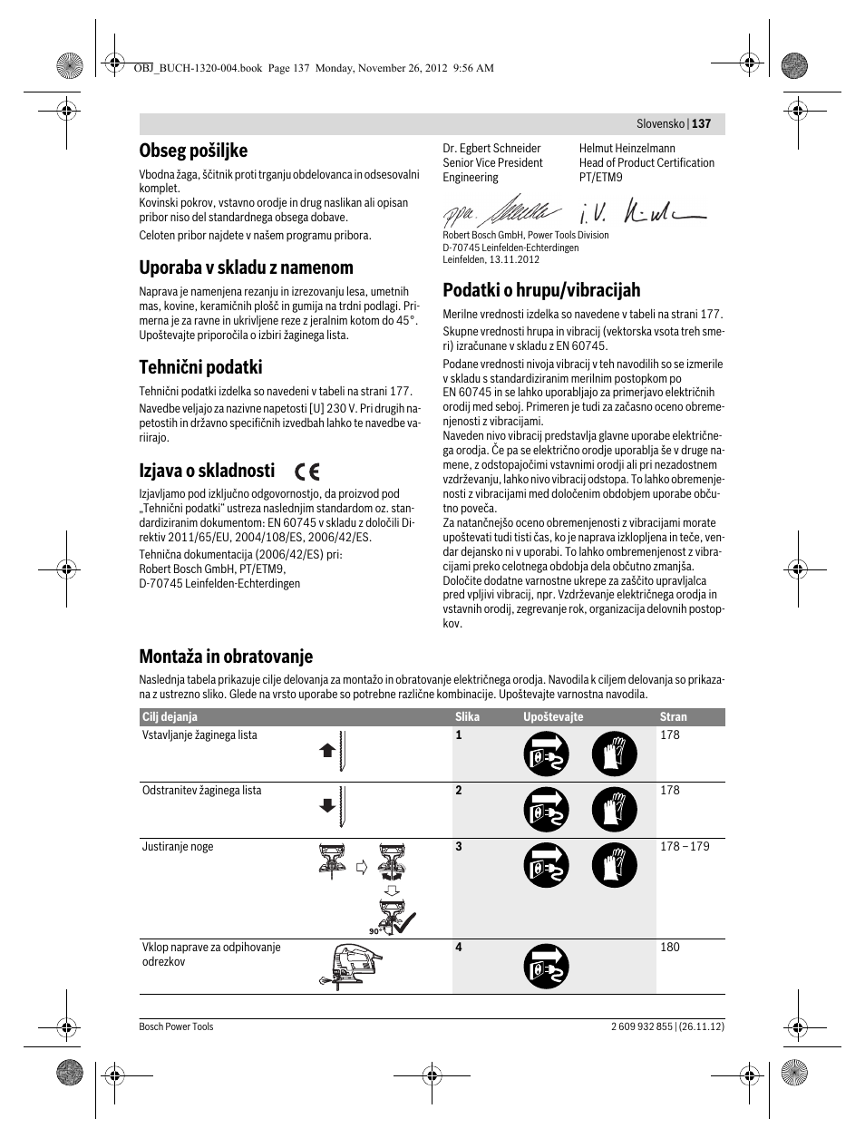 Obseg pošiljke, Uporaba v skladu z namenom, Tehnični podatki | Izjava o skladnosti, Podatki o hrupu/vibracijah, Montaža in obratovanje | Bosch GST Professional 140 CE User Manual | Page 137 / 191