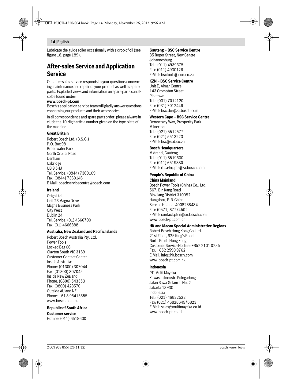 After-sales service and application service | Bosch GST Professional 140 CE User Manual | Page 14 / 191