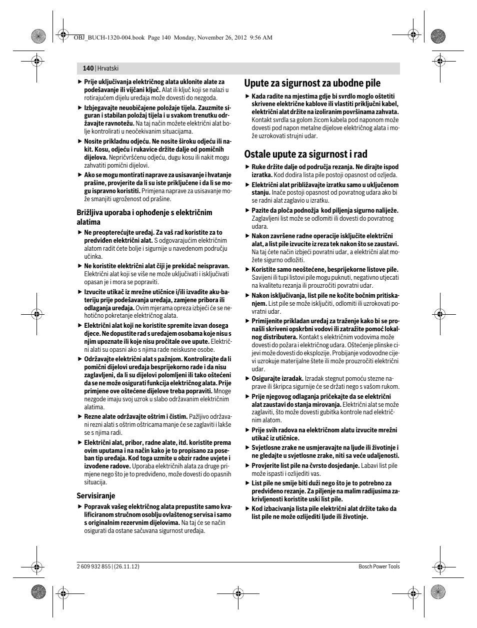 Upute za sigurnost za ubodne pile, Ostale upute za sigurnost i rad | Bosch GST Professional 140 CE User Manual | Page 140 / 191