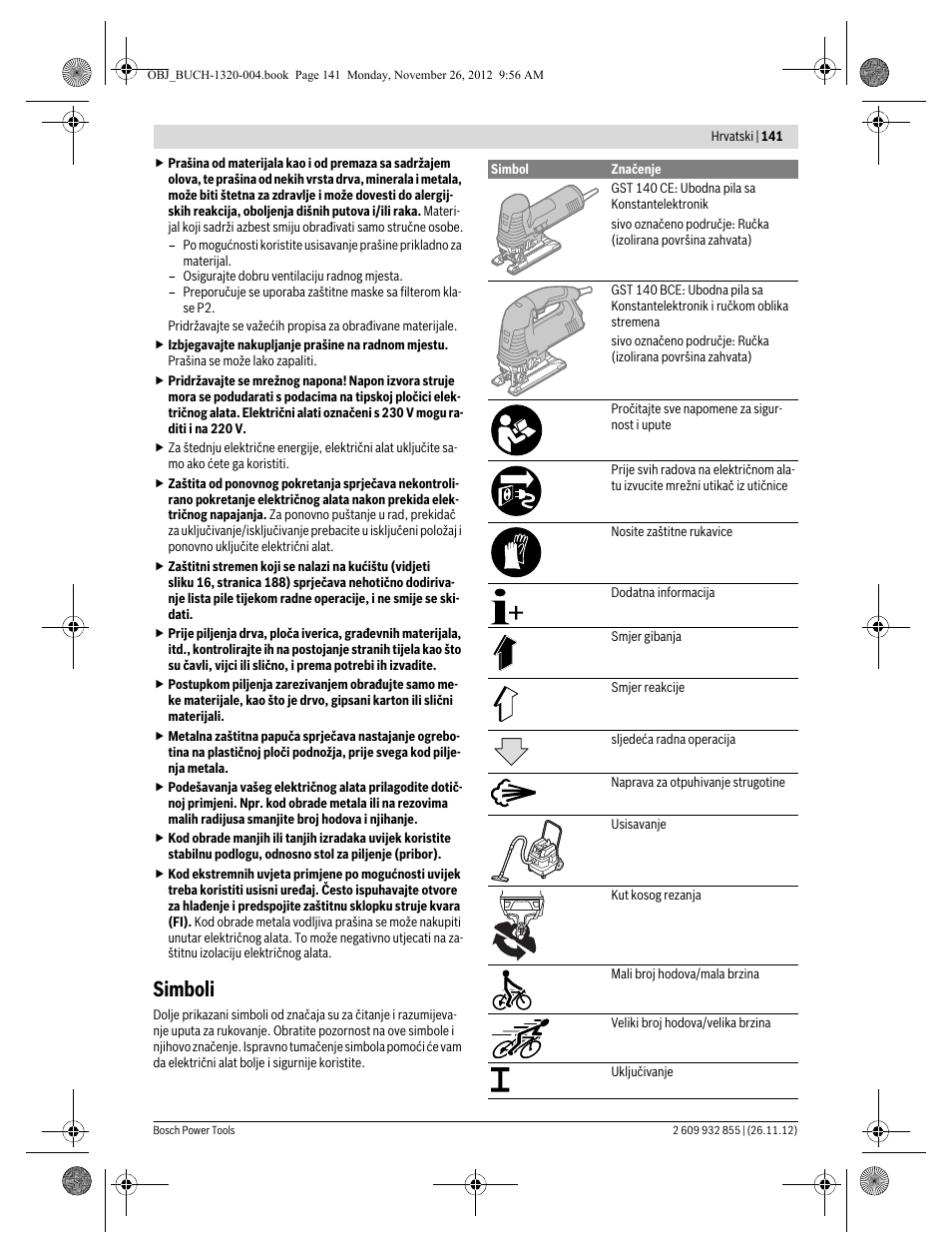 Simboli | Bosch GST Professional 140 CE User Manual | Page 141 / 191