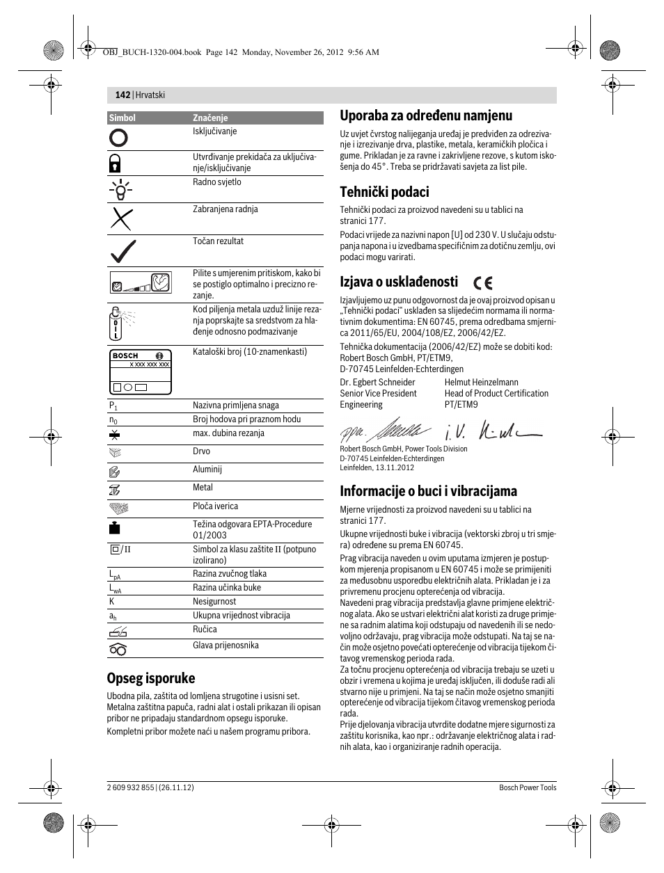 Opseg isporuke, Uporaba za određenu namjenu, Tehnički podaci | Izjava o usklađenosti, Informacije o buci i vibracijama | Bosch GST Professional 140 CE User Manual | Page 142 / 191