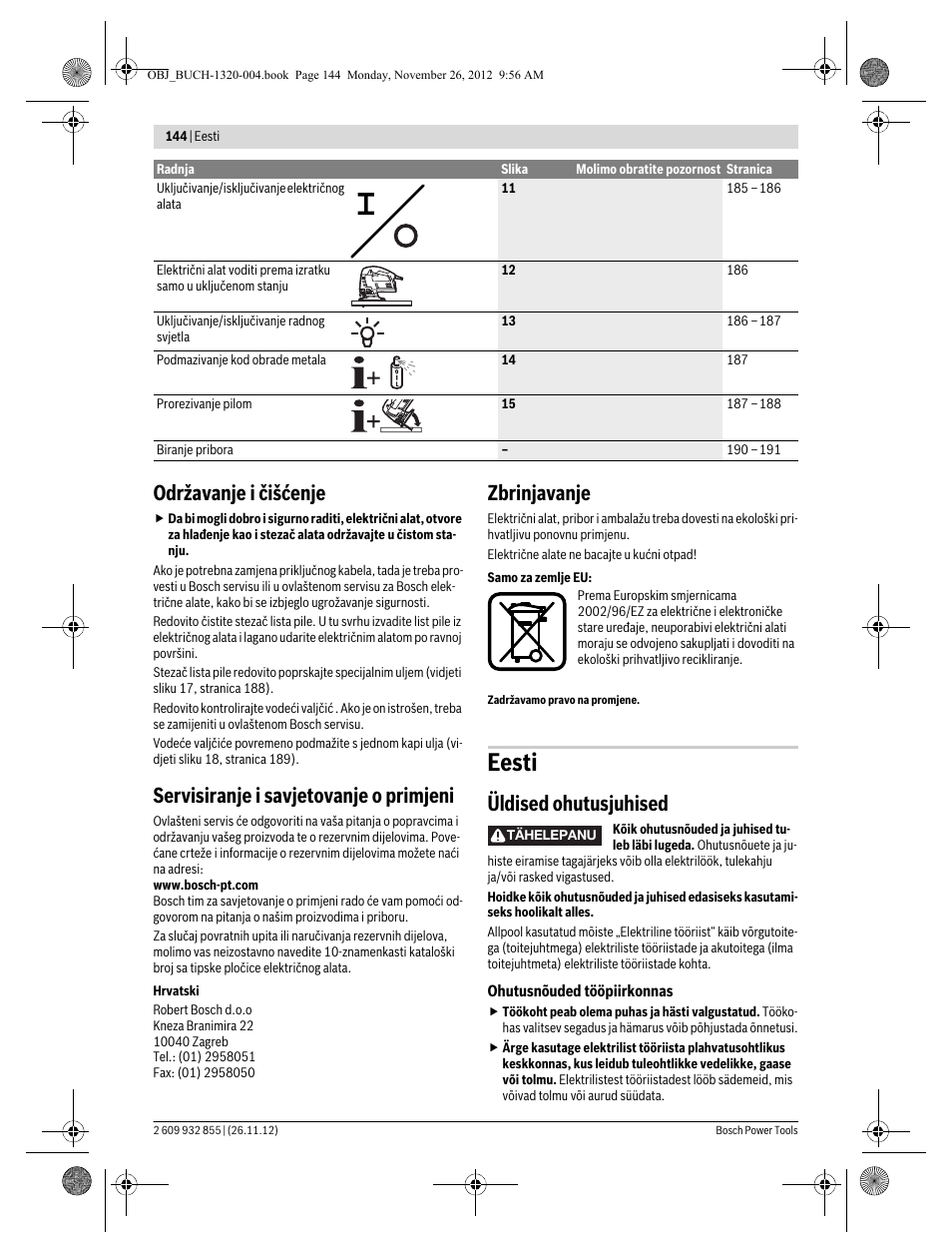 Eesti, Održavanje i čišćenje, Servisiranje i savjetovanje o primjeni | Zbrinjavanje, Üldised ohutusjuhised | Bosch GST Professional 140 CE User Manual | Page 144 / 191