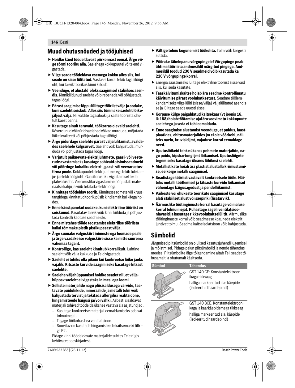 Muud ohutusnõuded ja tööjuhised, Sümbolid | Bosch GST Professional 140 CE User Manual | Page 146 / 191