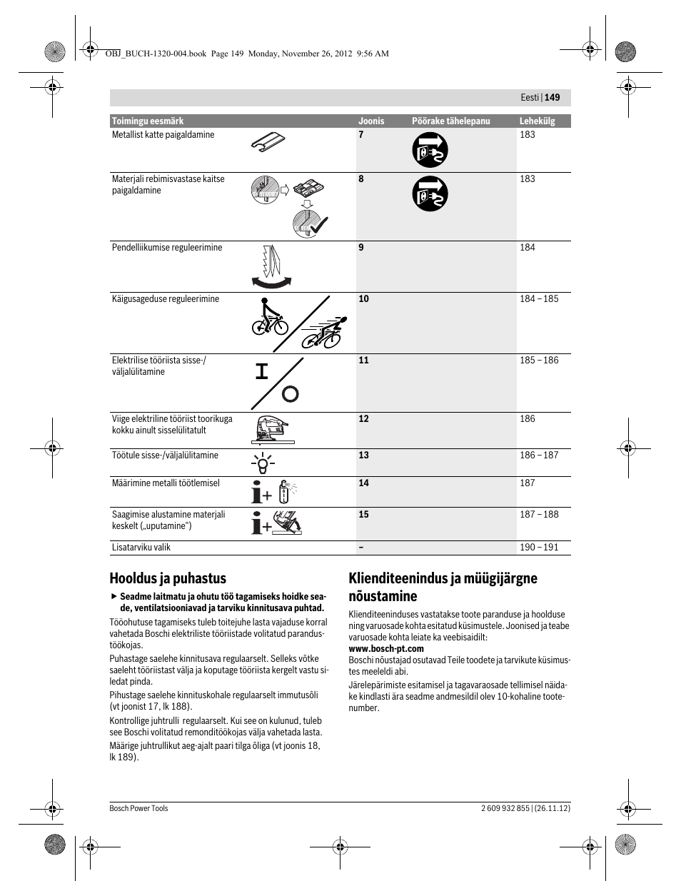 Hooldus ja puhastus, Klienditeenindus ja müügijärgne nõustamine | Bosch GST Professional 140 CE User Manual | Page 149 / 191