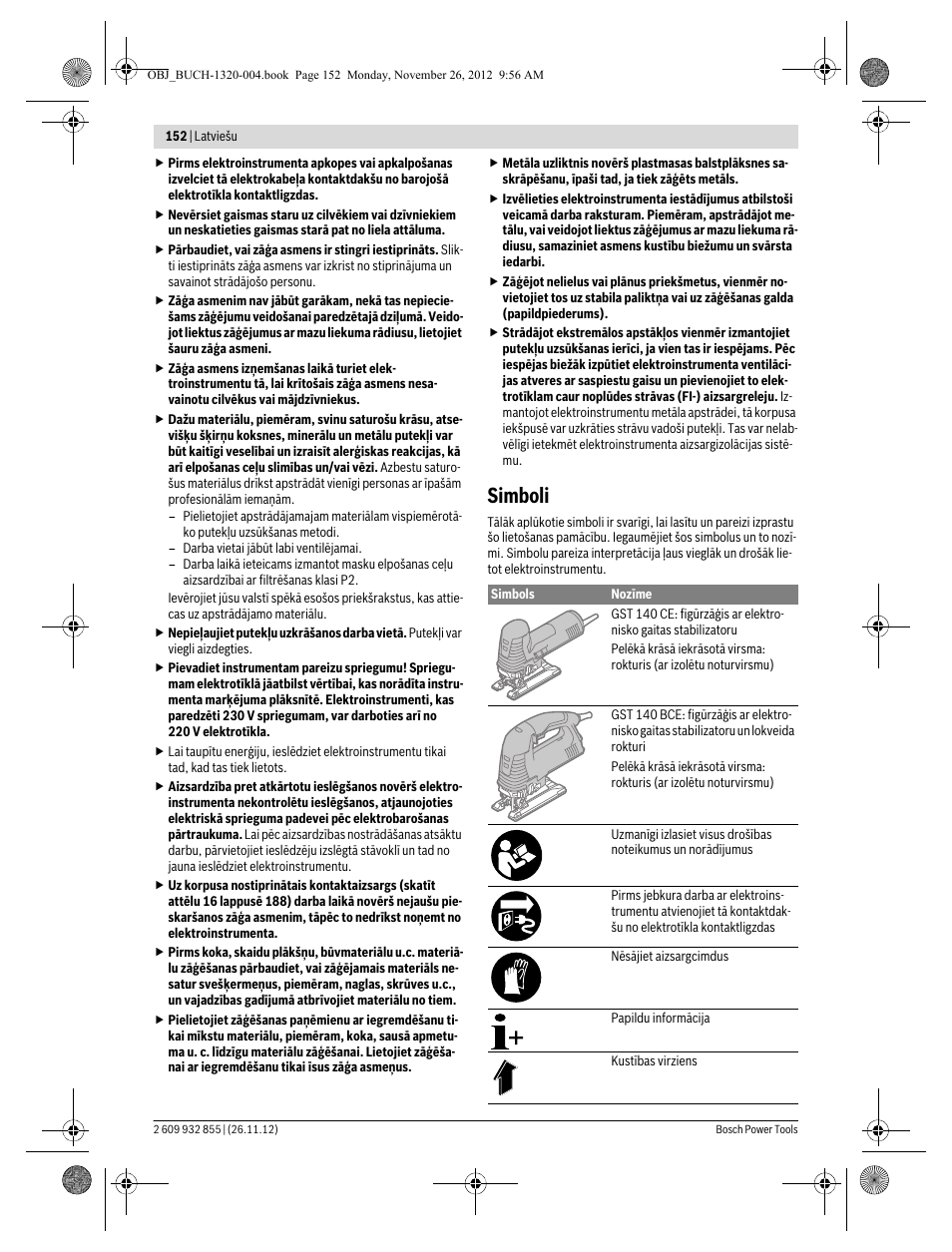 Simboli | Bosch GST Professional 140 CE User Manual | Page 152 / 191