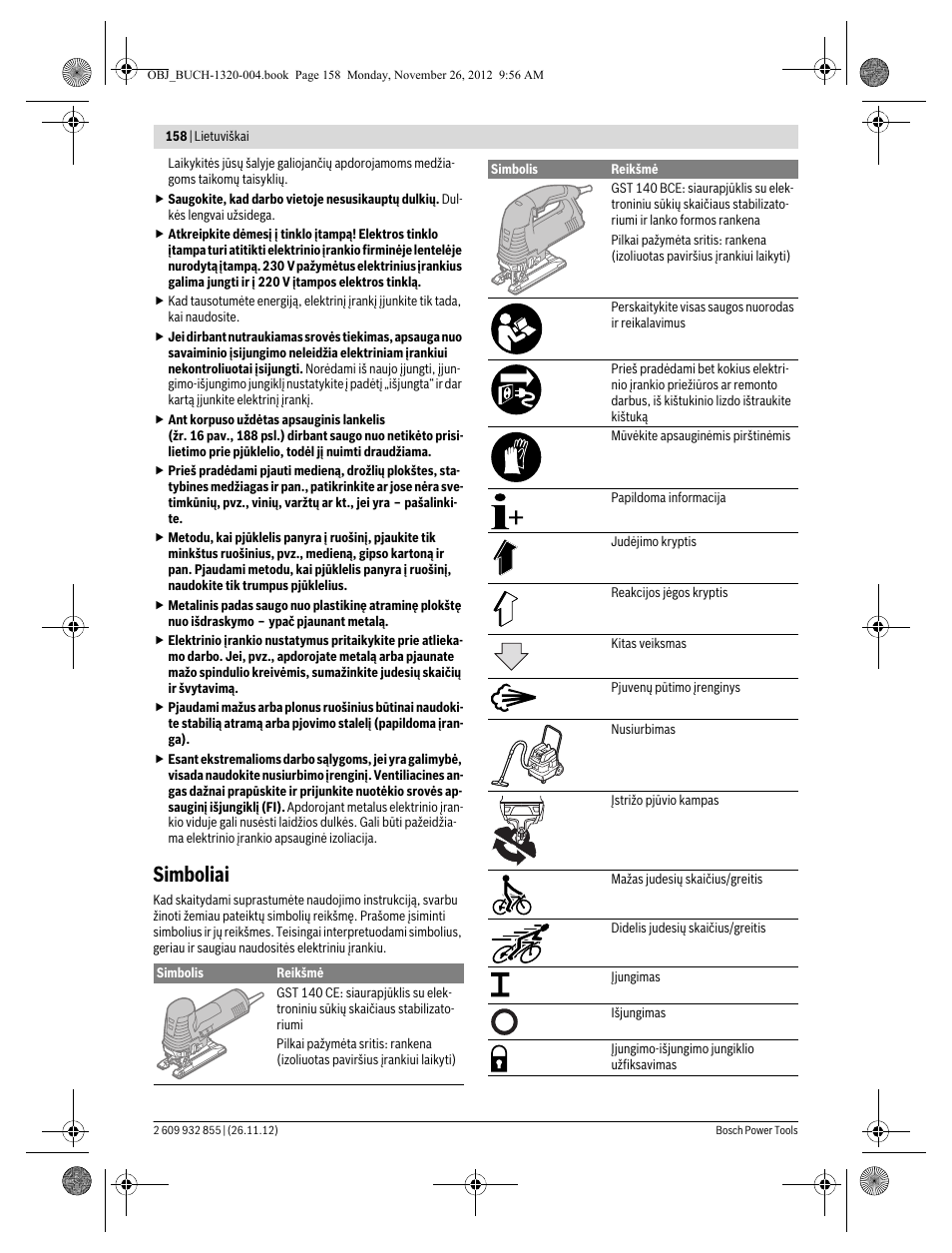 Simboliai | Bosch GST Professional 140 CE User Manual | Page 158 / 191