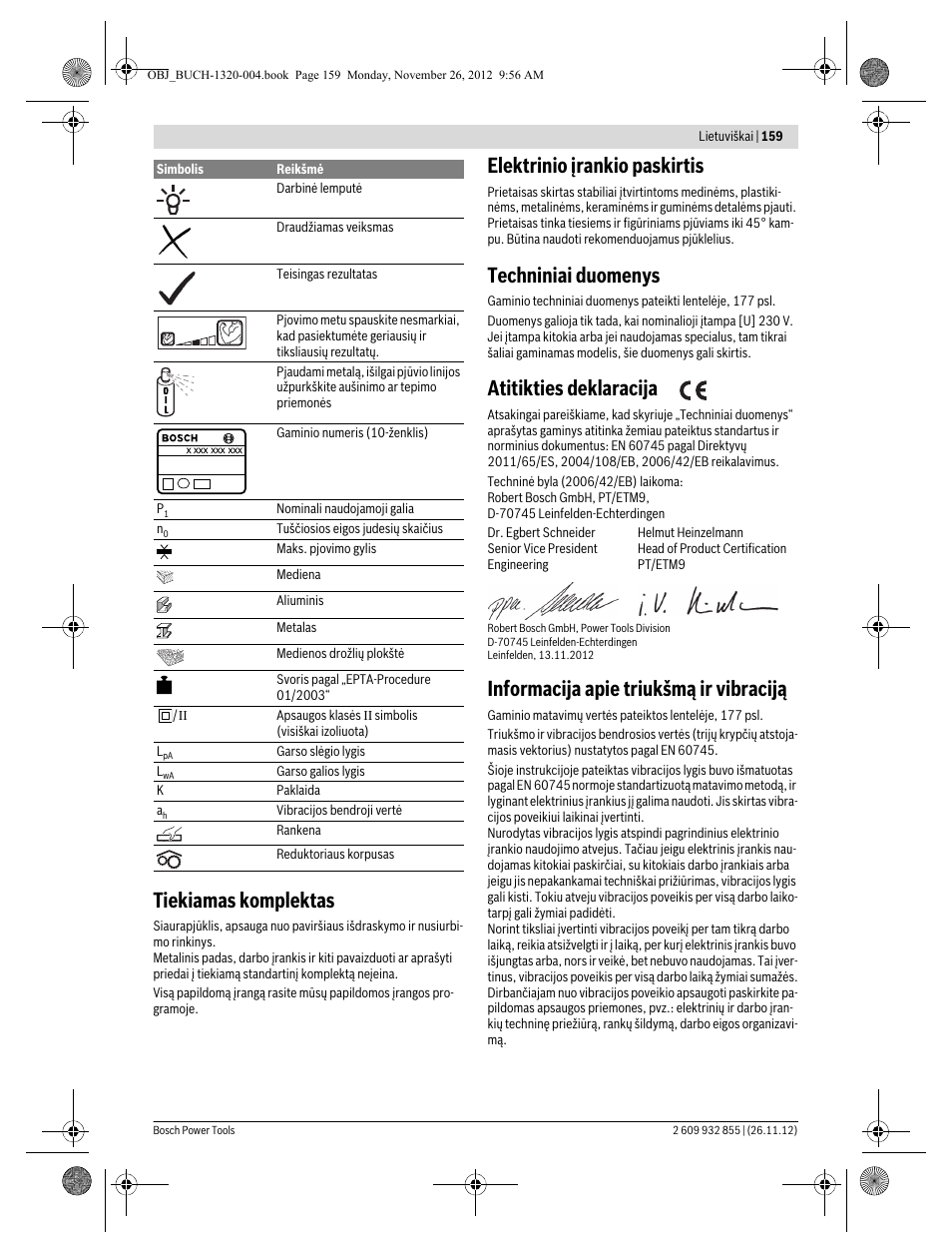 Tiekiamas komplektas, Elektrinio įrankio paskirtis, Techniniai duomenys | Atitikties deklaracija, Informacija apie triukšmą ir vibraciją | Bosch GST Professional 140 CE User Manual | Page 159 / 191