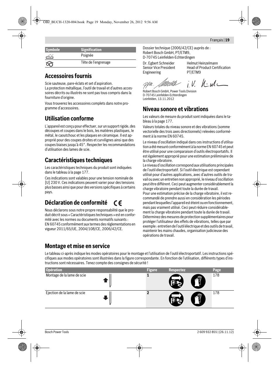 Accessoires fournis, Utilisation conforme, Caractéristiques techniques | Déclaration de conformité, Niveau sonore et vibrations, Montage et mise en service | Bosch GST Professional 140 CE User Manual | Page 19 / 191