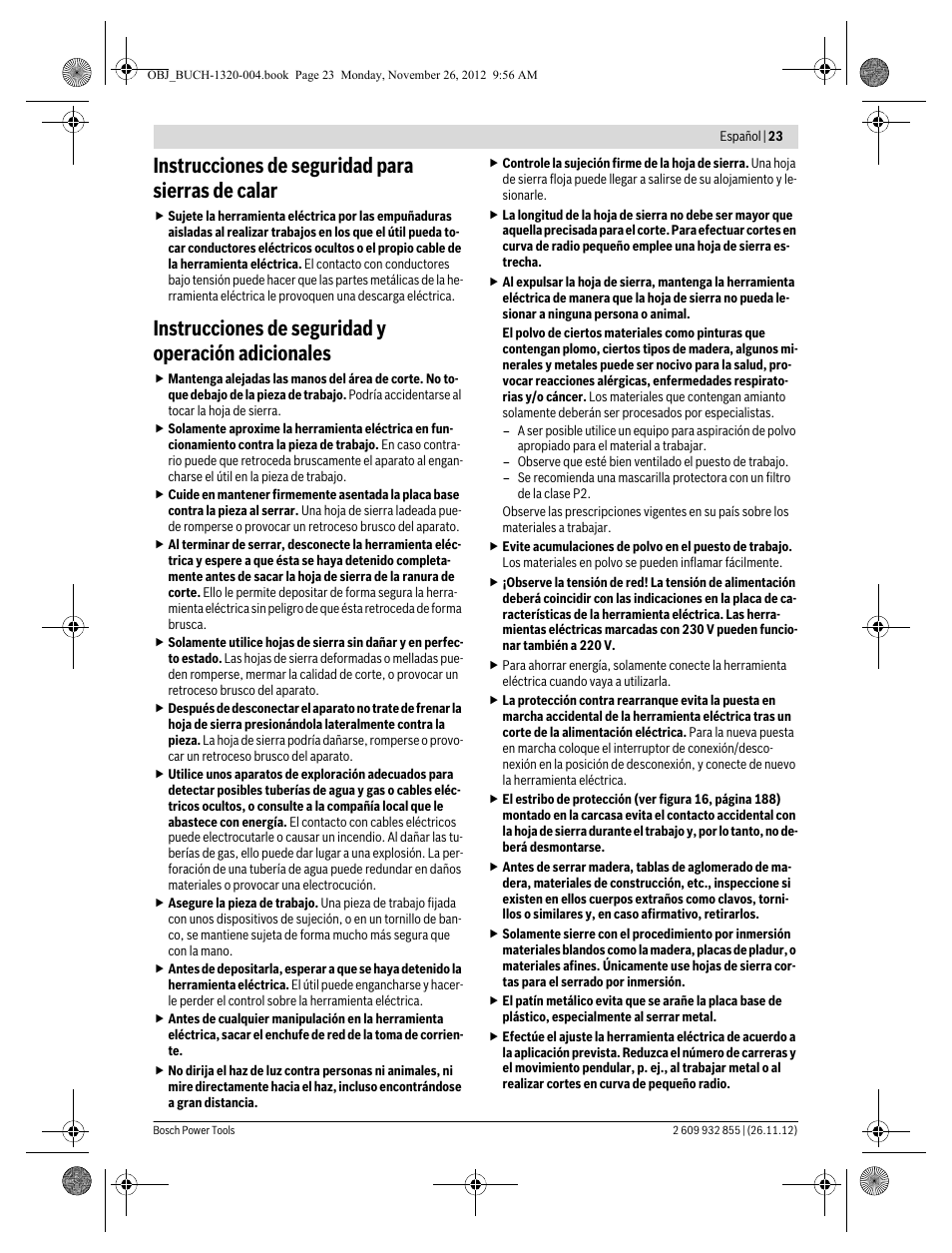 Instrucciones de seguridad para sierras de calar, Instrucciones de seguridad y operación adicionales | Bosch GST Professional 140 CE User Manual | Page 23 / 191