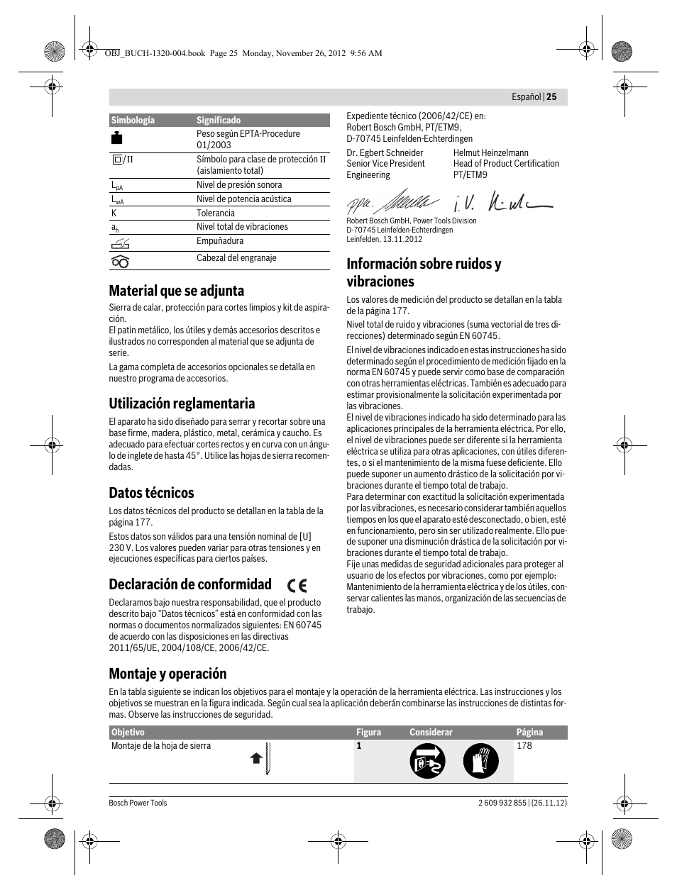 Material que se adjunta, Utilización reglamentaria, Datos técnicos | Declaración de conformidad, Información sobre ruidos y vibraciones, Montaje y operación | Bosch GST Professional 140 CE User Manual | Page 25 / 191