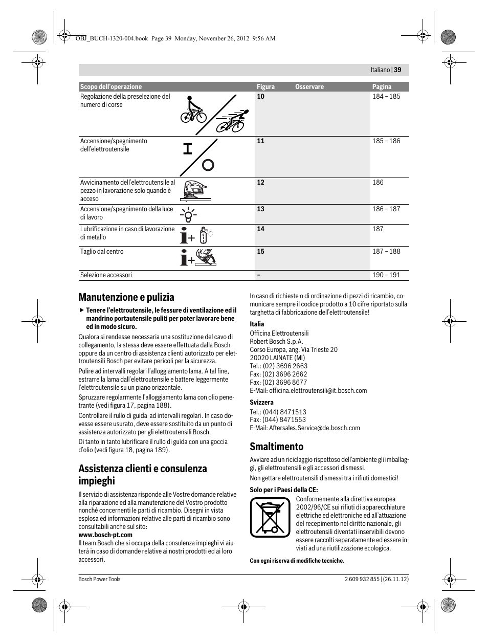 Manutenzione e pulizia, Assistenza clienti e consulenza impieghi, Smaltimento | Bosch GST Professional 140 CE User Manual | Page 39 / 191