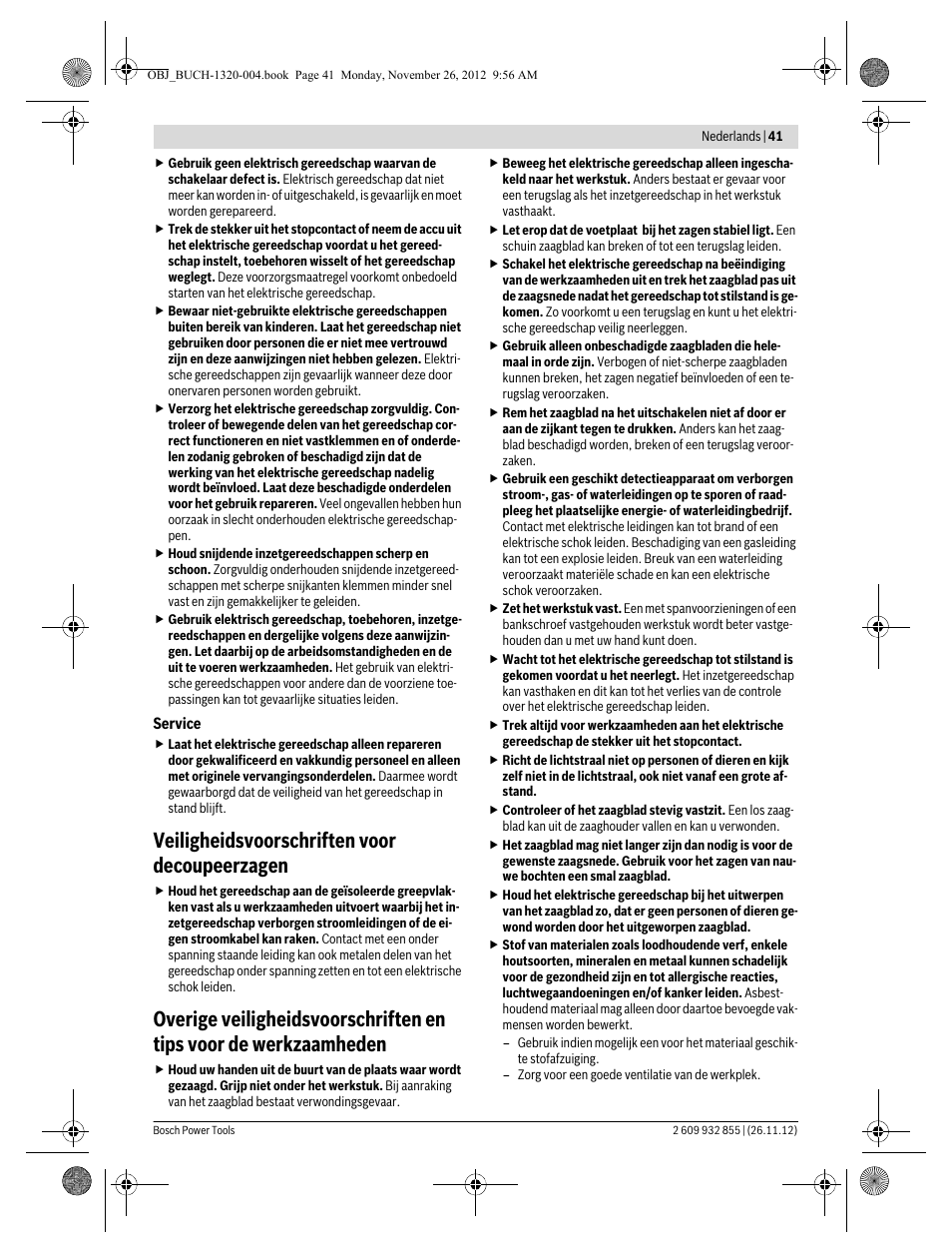 Veiligheidsvoorschriften voor decoupeerzagen | Bosch GST Professional 140 CE User Manual | Page 41 / 191